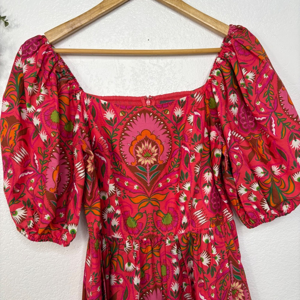 Vince Camuto Pink Floral Paisley Puff Sleeve Midi Dress Cotton Sz8 Side Pockets - Picture 3 of 11